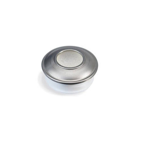 Round metallic medical container with a flat lid on a white background