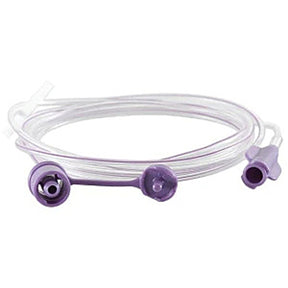 Clear medical extension tubing with purple connectors for enteral feeding