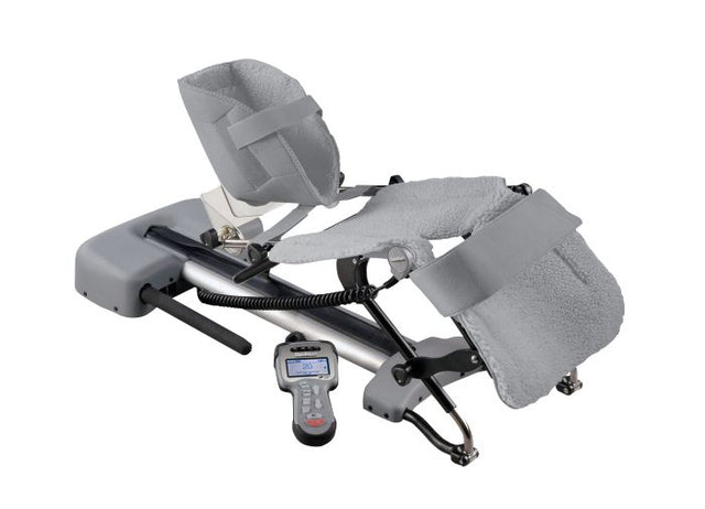 Gray medical leg rehabilitation device with padded supports and digital remote control