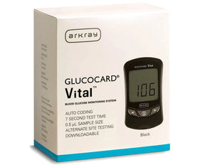 GlucoCard Vital blood glucose monitoring system box featuring black glucose meter.