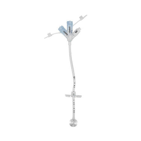 Medical gastrostomy tube with measurement markings and three labeled ports on white background