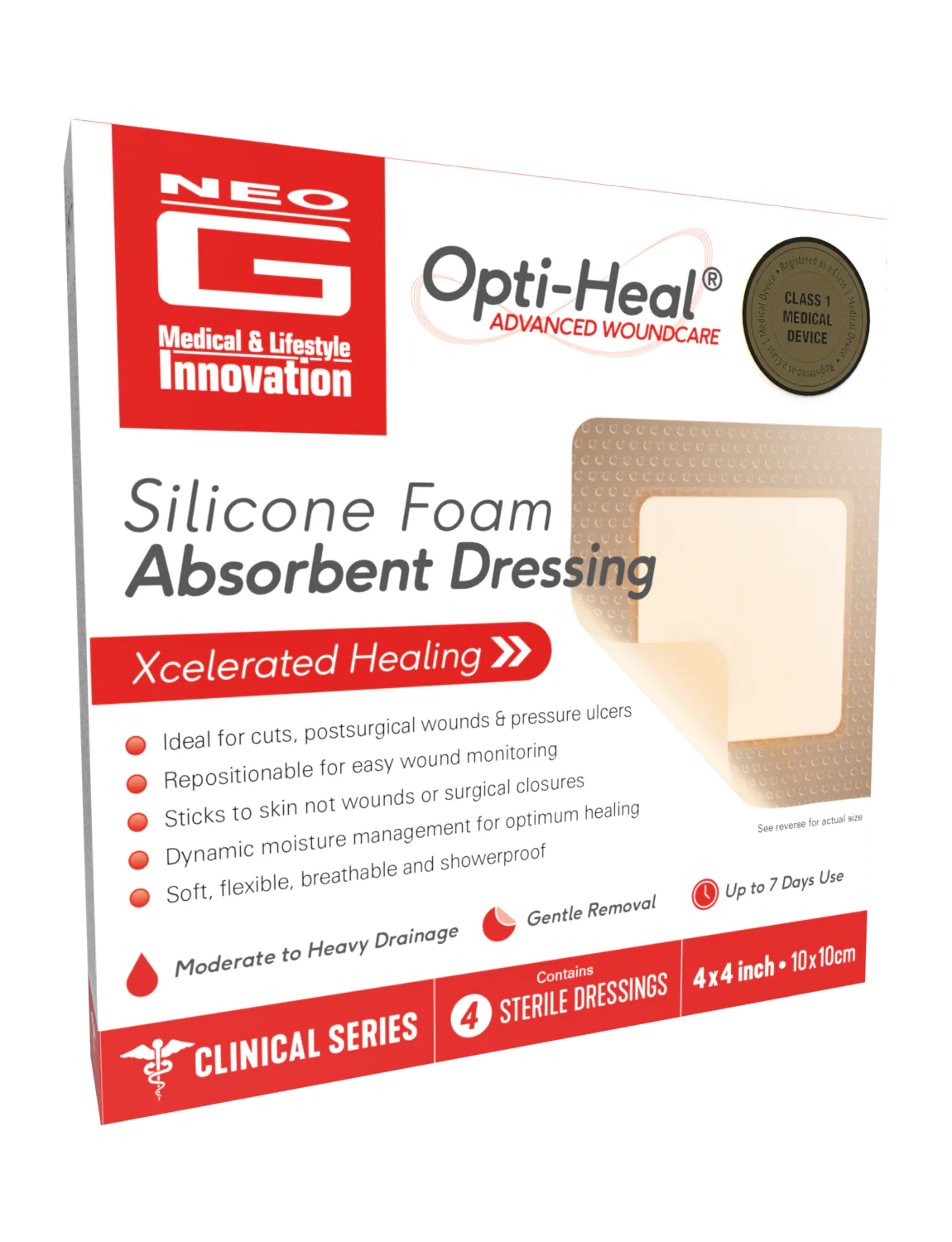 Silicone foam absorbent dressing box for wound care, 4 sterile dressings, 4x4 inch size