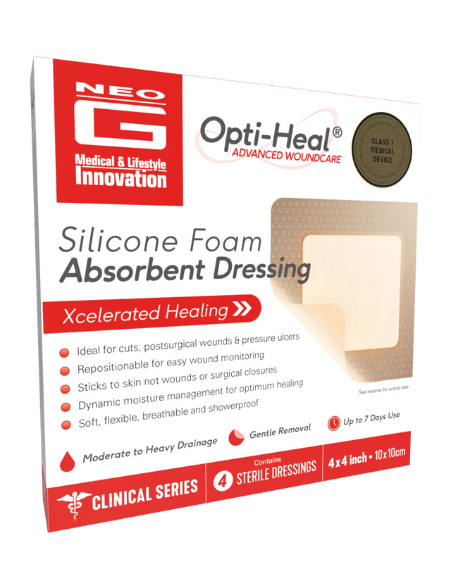 Silicone foam absorbent dressing box for wound care, 4 sterile dressings, 4x4 inch size