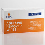 Box of 50 adhesive remover wipes, orange and white packaging, safe for sensitive skin.