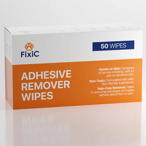 Box of 50 adhesive remover wipes, orange and white packaging, safe for sensitive skin.