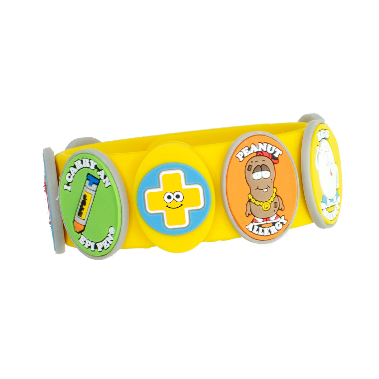 Yellow kids allergy bracelet with cartoon charms, including peanut allergy and EpiPen alert
