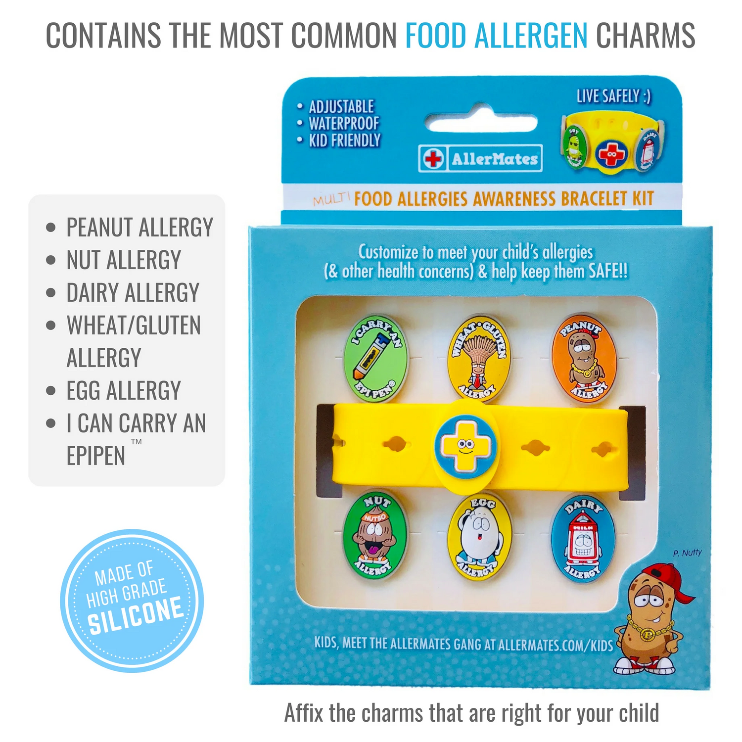 Kids' food allergies awareness bracelet kit with silicone charms for common allergens.