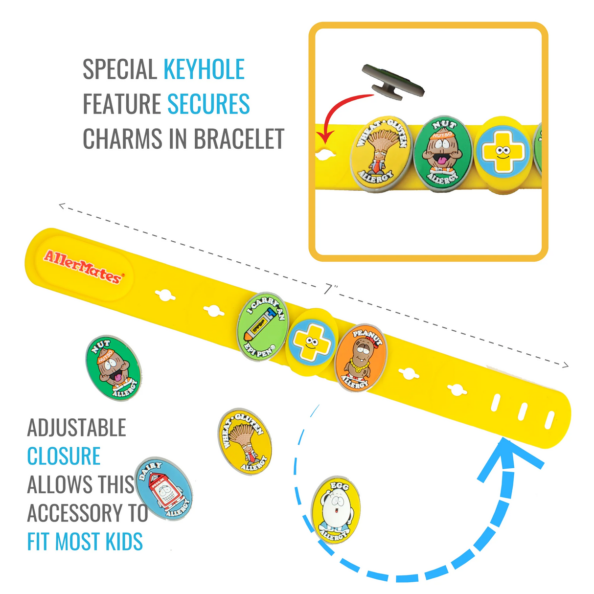 Yellow kids multi-food allergy bracelet with keyhole-secured charms for nut, dairy, gluten, egg allergies and adjustable closure.