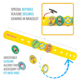 Yellow kids multi-food allergy bracelet with keyhole-secured charms for nut, dairy, gluten, egg allergies and adjustable closure.