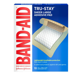Box of large sheer adhesive bandage pads with breathable, protective seal, 10 count