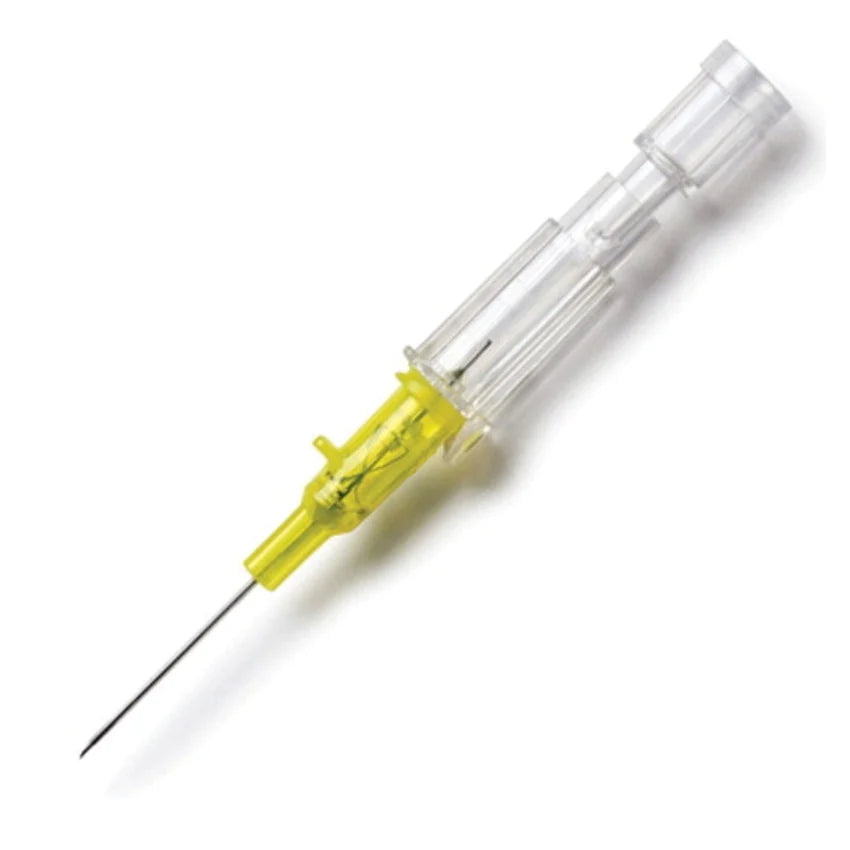 Yellow safety IV catheter needle with clear plastic cover on white background