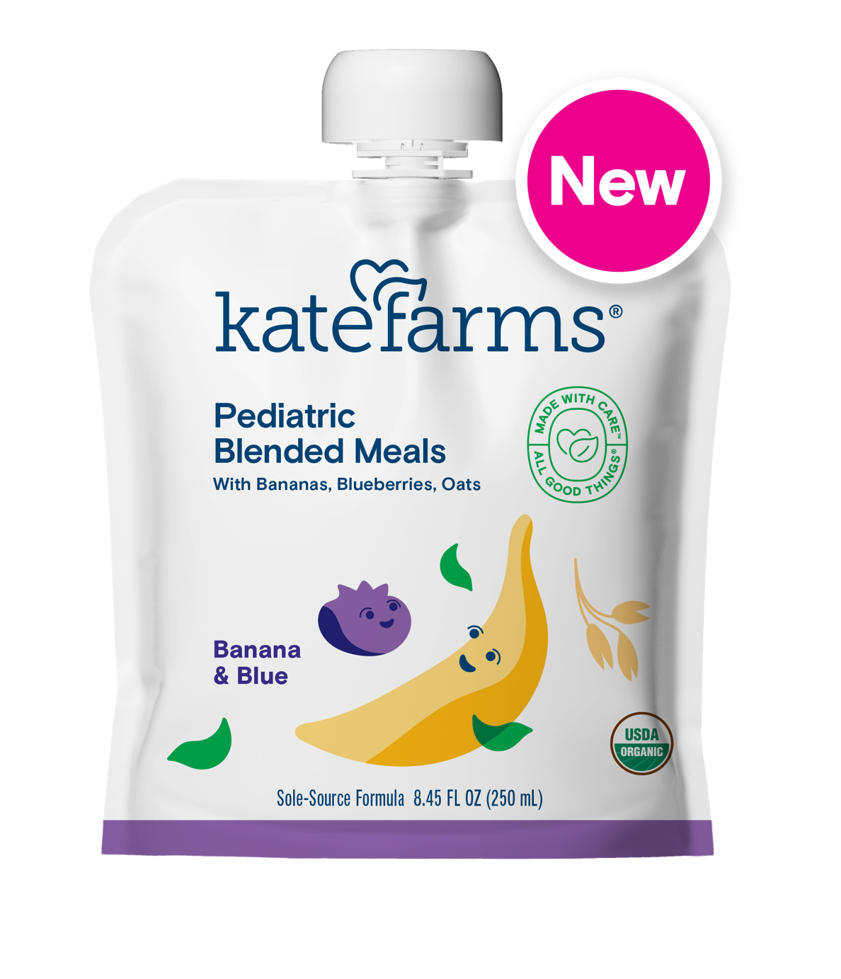 Pediatric blended meal pouch with banana, blueberry, oats, and USDA organic label