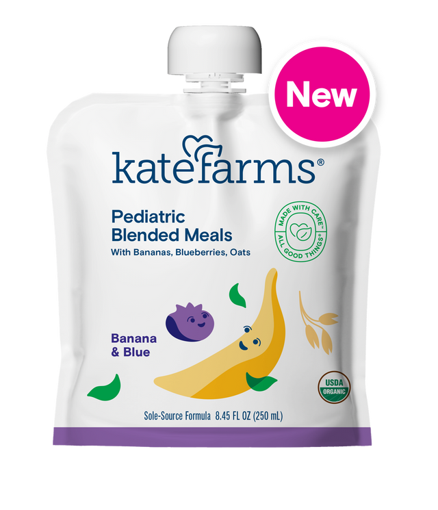 Pediatric blended meal pouch with banana, blueberry, oats, and USDA organic label