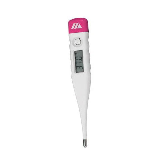 Digital medical thermometer with pink cap and LCD display on white background