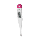 Digital medical thermometer with pink cap and LCD display on white background