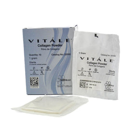 Vitále collagen powder medical supply box and individual sterile packets, 1 gram each.
