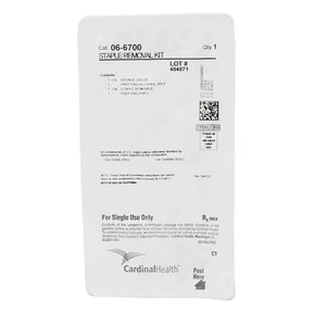 Sterile staple removal kit in sealed white packaging, medical supply with contents listed.