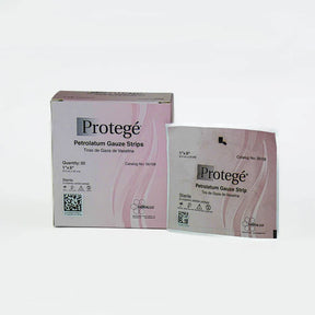 Box and packet of sterile Protegé petrolatum gauze strips for wound care, 1x8 inch size.