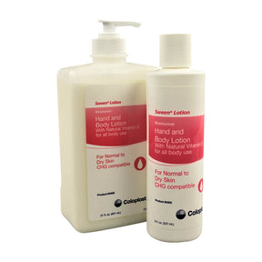 Two bottles of Sween hand and body lotion for normal to dry skin with vitamin E