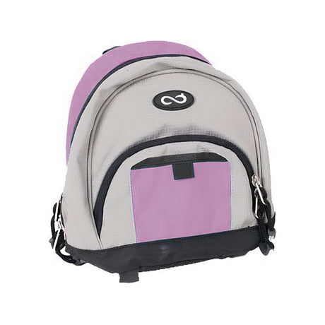 Grey and lavender medical supply backpack with black trim and front pocket