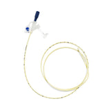 Sterile medical feeding tube with blue cap and measurement markings on white background