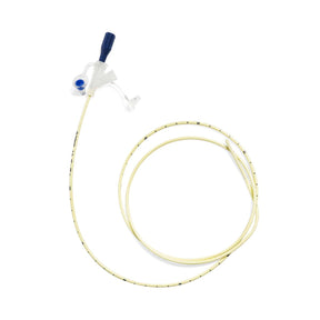 Sterile medical feeding tube with blue cap and measurement markings on white background