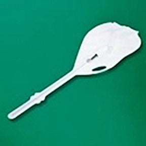 Plastic medical swab with a broad paddle tip on a green background