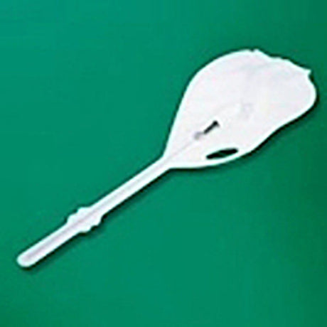 Plastic medical swab with a broad paddle tip on a green background
