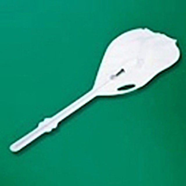 Plastic medical swab with a broad paddle tip on a green background