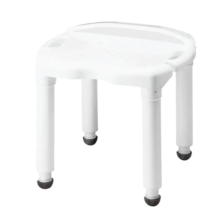White adjustable shower chair with non-slip legs for bathroom safety and mobility support