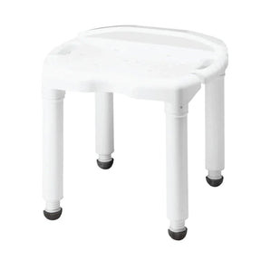 White adjustable shower chair with non-slip legs for bathroom safety and mobility support