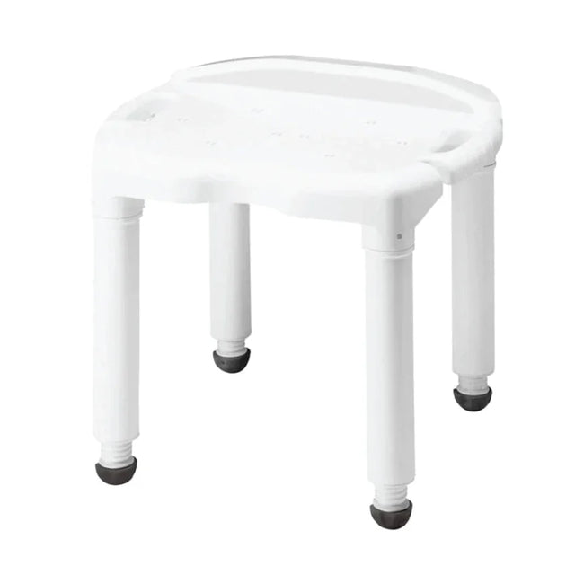 White adjustable shower chair with non-slip legs for bathroom safety and mobility support