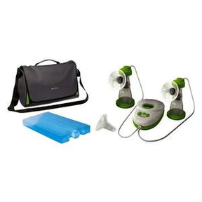 Electric breast pump kit with dual pumps, control unit, black carrying bag, and cooling packs.
