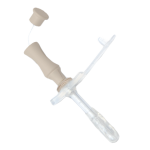 Medical button device with beige cap and transparent tube for home care use