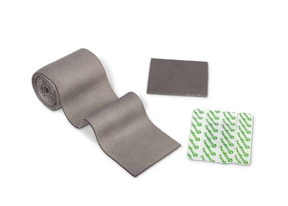 Gray medical bandage roll, gauze pad, and adhesive patch on white background