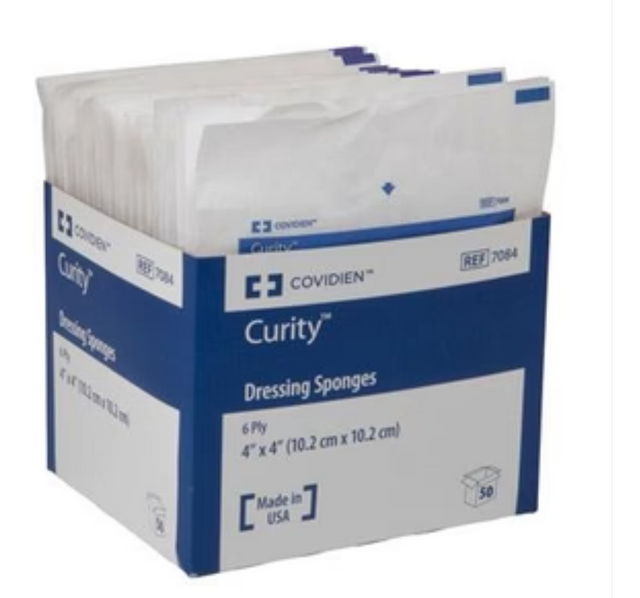 Box of Covidien Curity dressing sponges, medical gauze pads for wound care, 4x4 inches