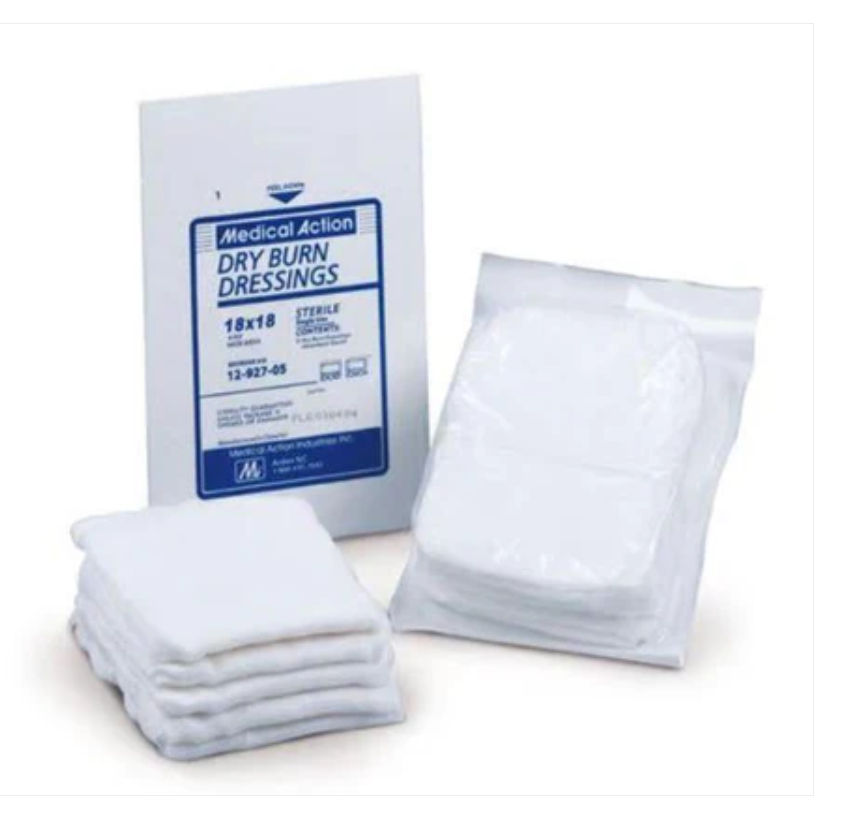 Sterile dry burn dressings and gauze pads for wound care and medical use