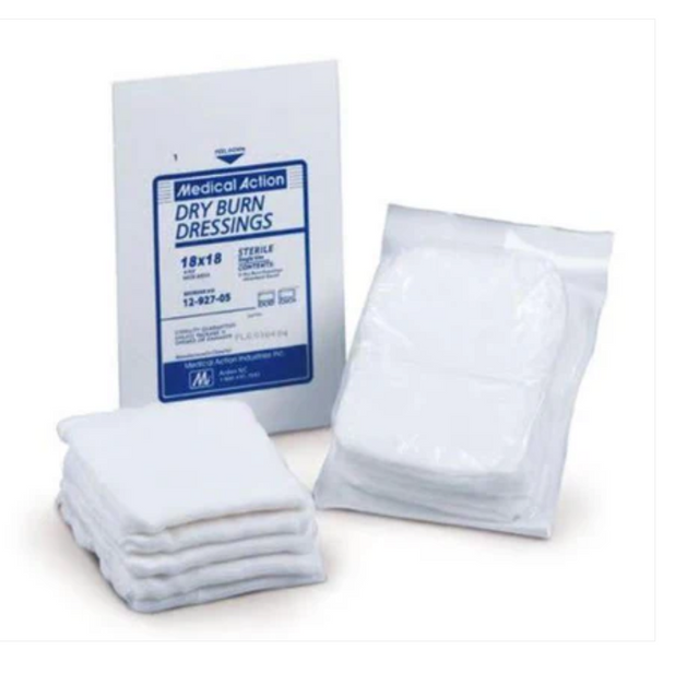 Sterile dry burn dressings and gauze pads for wound care and medical use