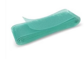 Folded green medical mesh bandage strip on white background