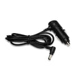 Black car charger DC power adapter with coiled cable on white background