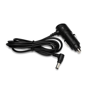 Black car charger DC power adapter with coiled cable on white background