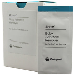 Brava baby adhesive remover wipes for SenSura Mio Baby, Coloplast box and packet