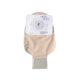 One-piece drainable colostomy pouch with plain skin barrier, beige with adhesive panel