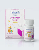 Hyland's Naturals baby oral pain relief daytime tablets bottle and box for teething pain.