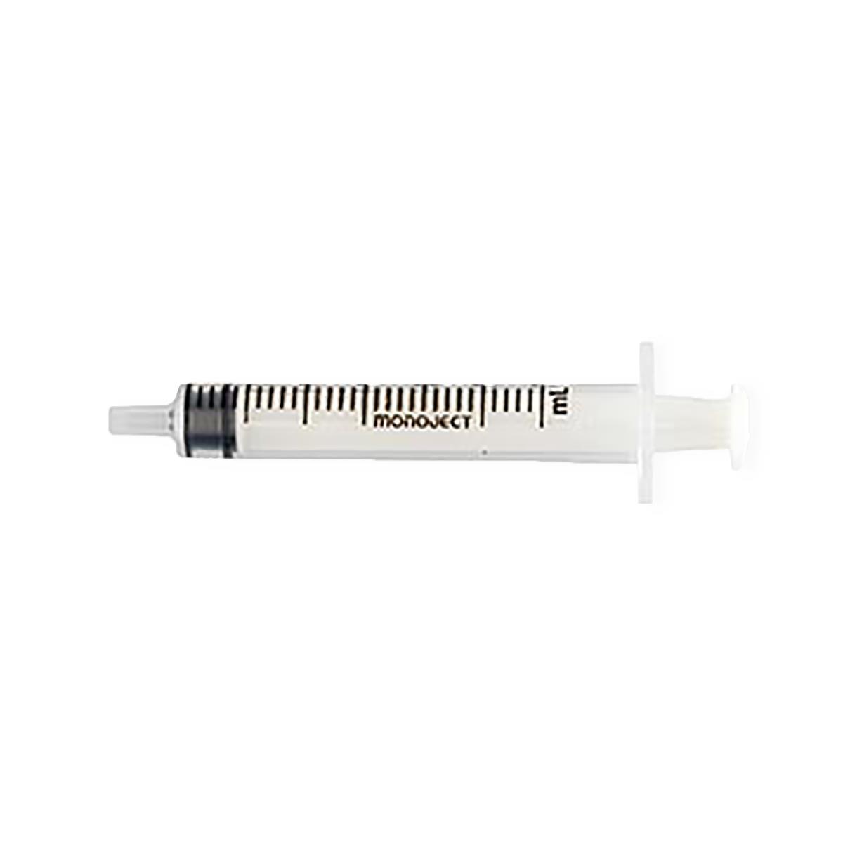 Sterile Monoject medical syringe with clear barrel and measurement marks on white background