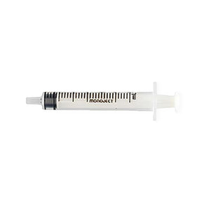 Sterile Monoject medical syringe with clear barrel and measurement marks on white background