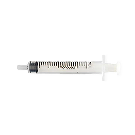 Sterile Monoject medical syringe with clear barrel and measurement marks on white background