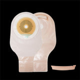 Drainable ostomy pouch with circular adhesive base and closure clip on black background