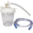 Disposable suction canister kit with clear container, white lid, and tubing for medical use