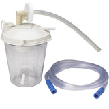 Disposable suction canister kit with clear container, white lid, and tubing for medical use